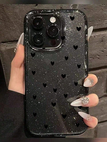 Heart Elements Fashionable TPU Black Heart Print 1pc Fashionable Glitter Heart Print Black TPU Phone Case Compatible With IPhone 17/17 Pro/17 Pro Max/Air/7/8/7 Plus/8 Plus/X/XS/XR/XS Max/11/11 Pro/11