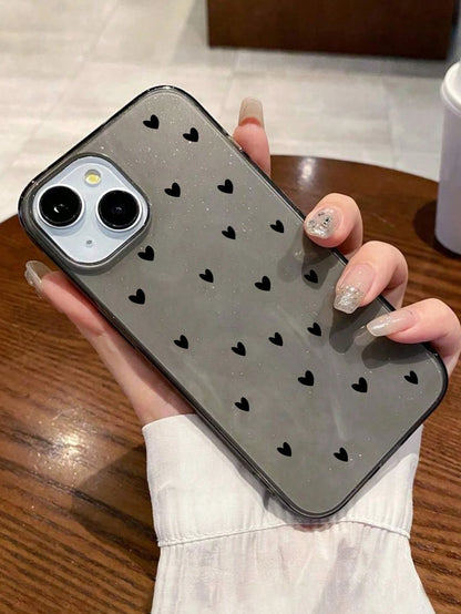 Heart Elements Fashionable TPU Black Heart Print 1pc Fashionable Glitter Heart Print Black TPU Phone Case Compatible With IPhone 17/17 Pro/17 Pro Max/Air/7/8/7 Plus/8 Plus/X/XS/XR/XS Max/11/11 Pro/11