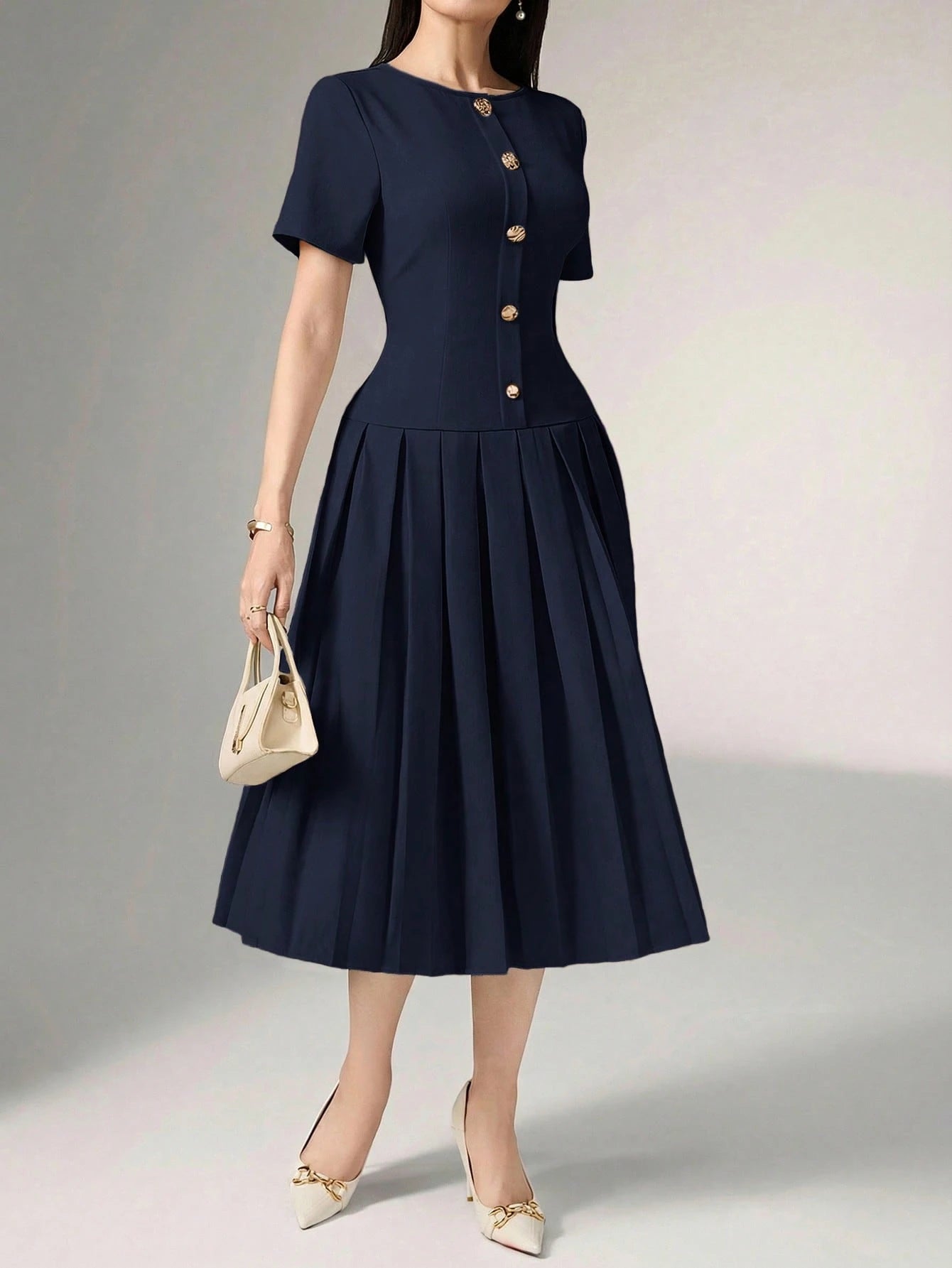 Heiryn Elegant Commuter Asymmetric Buckle Pleated Dress For Women