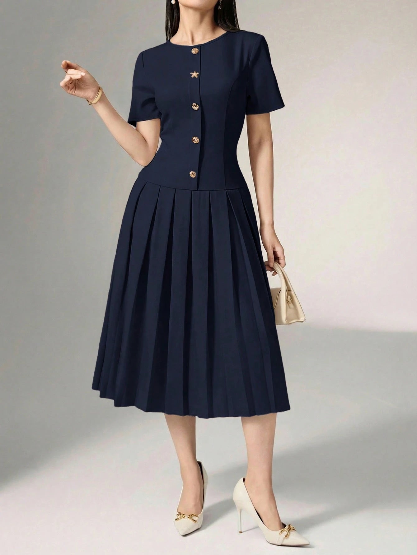 Heiryn Elegant Commuter Asymmetric Buckle Pleated Dress For Women
