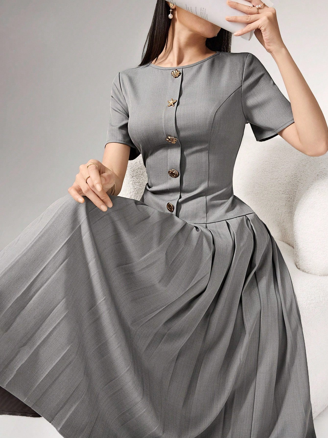 Heiryn Elegant Commuter Asymmetric Buckle Pleated Dress For Women
