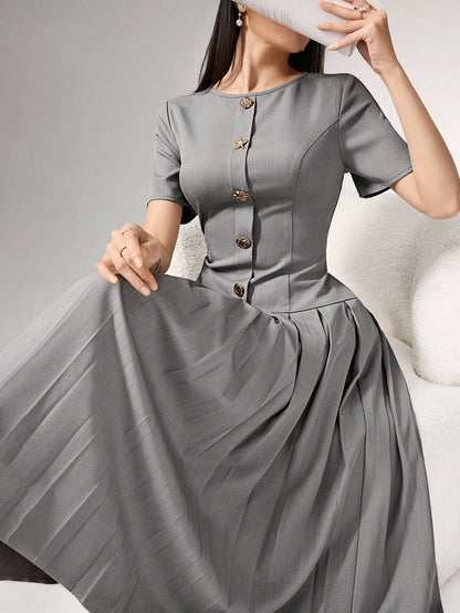 Heiryn Elegant Commuter Asymmetric Buckle Pleated Dress For Women