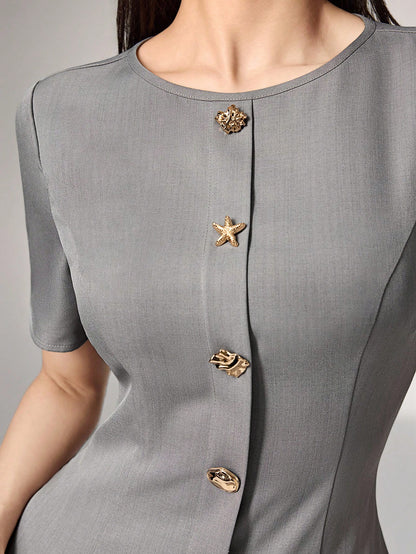 Heiryn Elegant Commuter Asymmetric Buckle Pleated Dress For Women