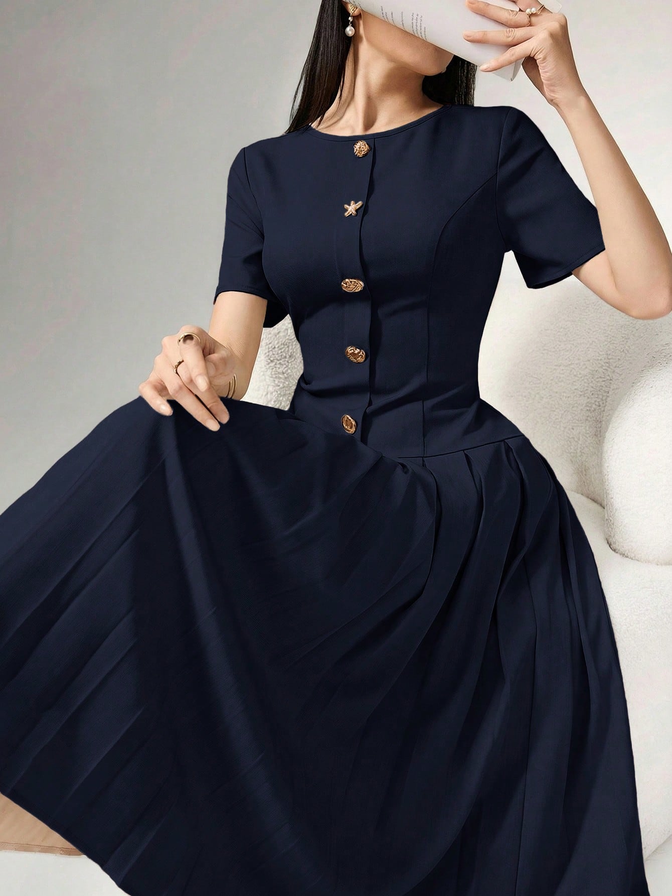 Heiryn Elegant Commuter Asymmetric Buckle Pleated Dress For Women