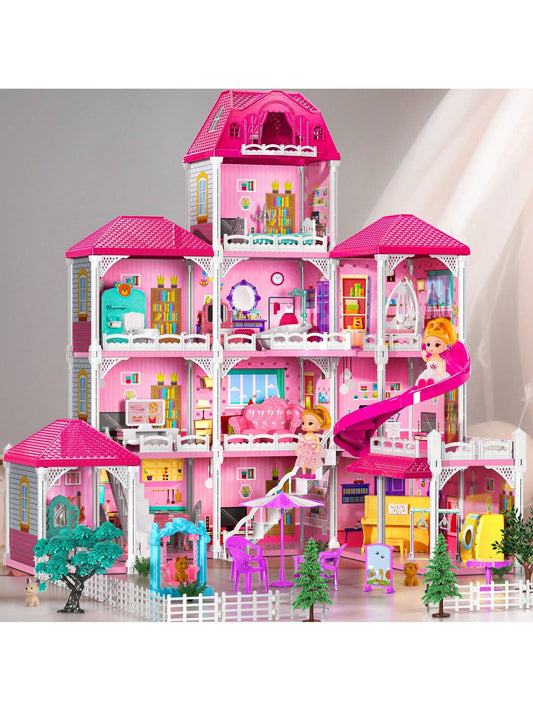 HENGPHY Pink Doll House Toys For Girls 3-8 Ages With 12 Rooms, Villa Girls Toys 2 Doll Figures, Slide, Pretend Play Accessories Sets For Girls Birthday Gifts