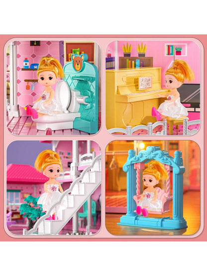 HENGPHY Pink Doll House Toys For Girls 3-8 Ages With 12 Rooms, Villa Girls Toys 2 Doll Figures, Slide, Pretend Play Accessories Sets For Girls Birthday Gifts