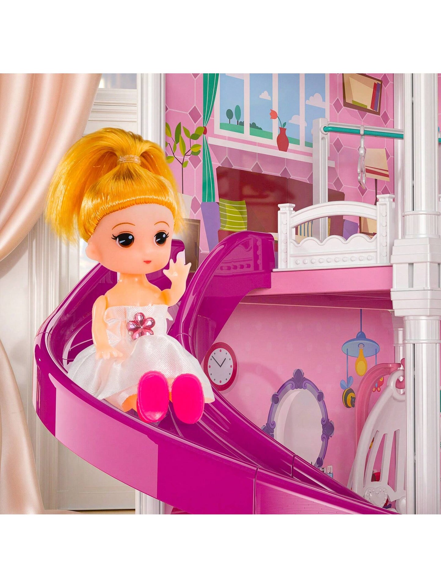 HENGPHY Pink Doll House Toys For Girls 3-8 Ages With 12 Rooms, Villa Girls Toys 2 Doll Figures, Slide, Pretend Play Accessories Sets For Girls Birthday Gifts