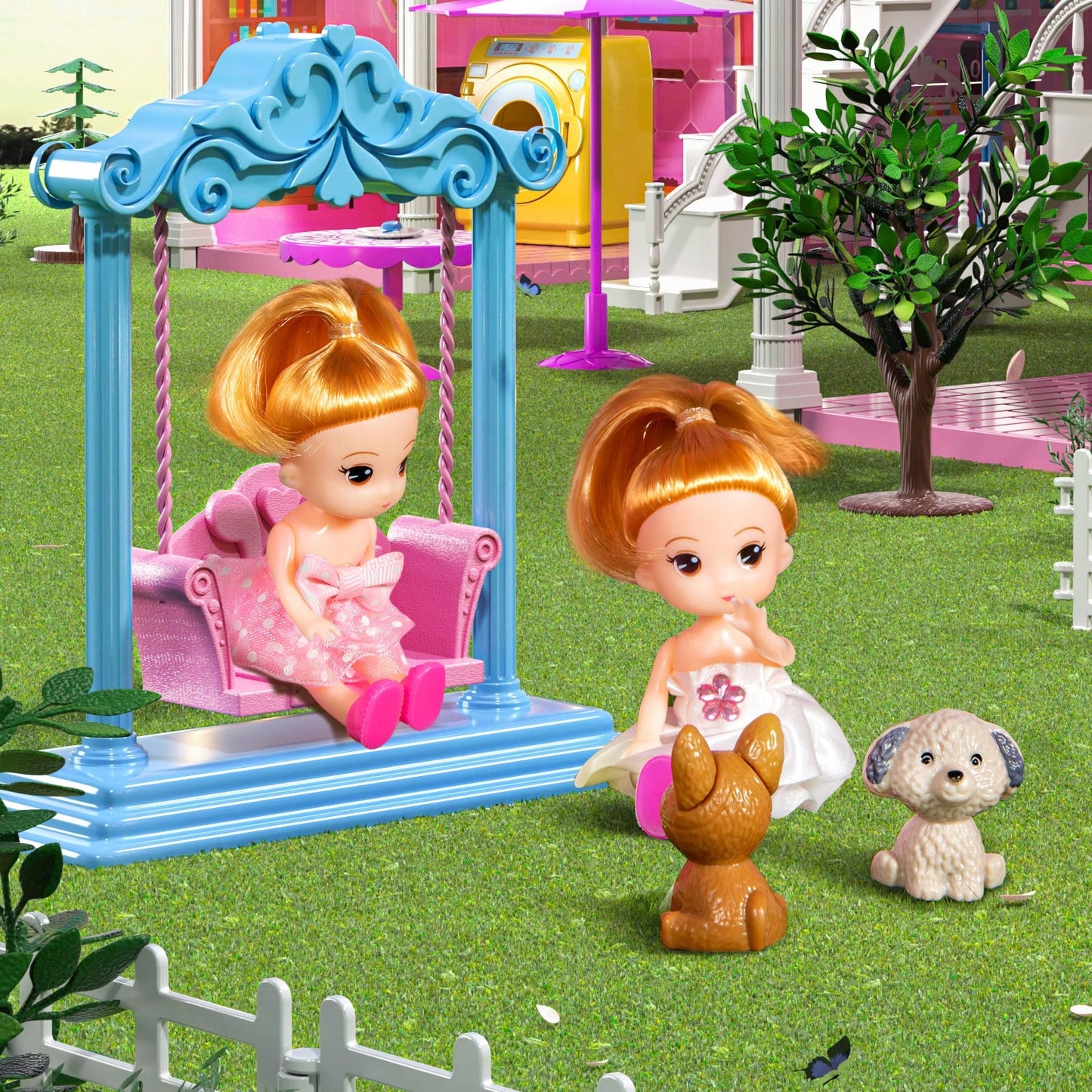 HENGPHY Pink Doll House Toys For Girls 3-8 Ages With 12 Rooms, Villa Girls Toys 2 Doll Figures, Slide, Pretend Play Accessories Sets For Girls Birthday Gifts