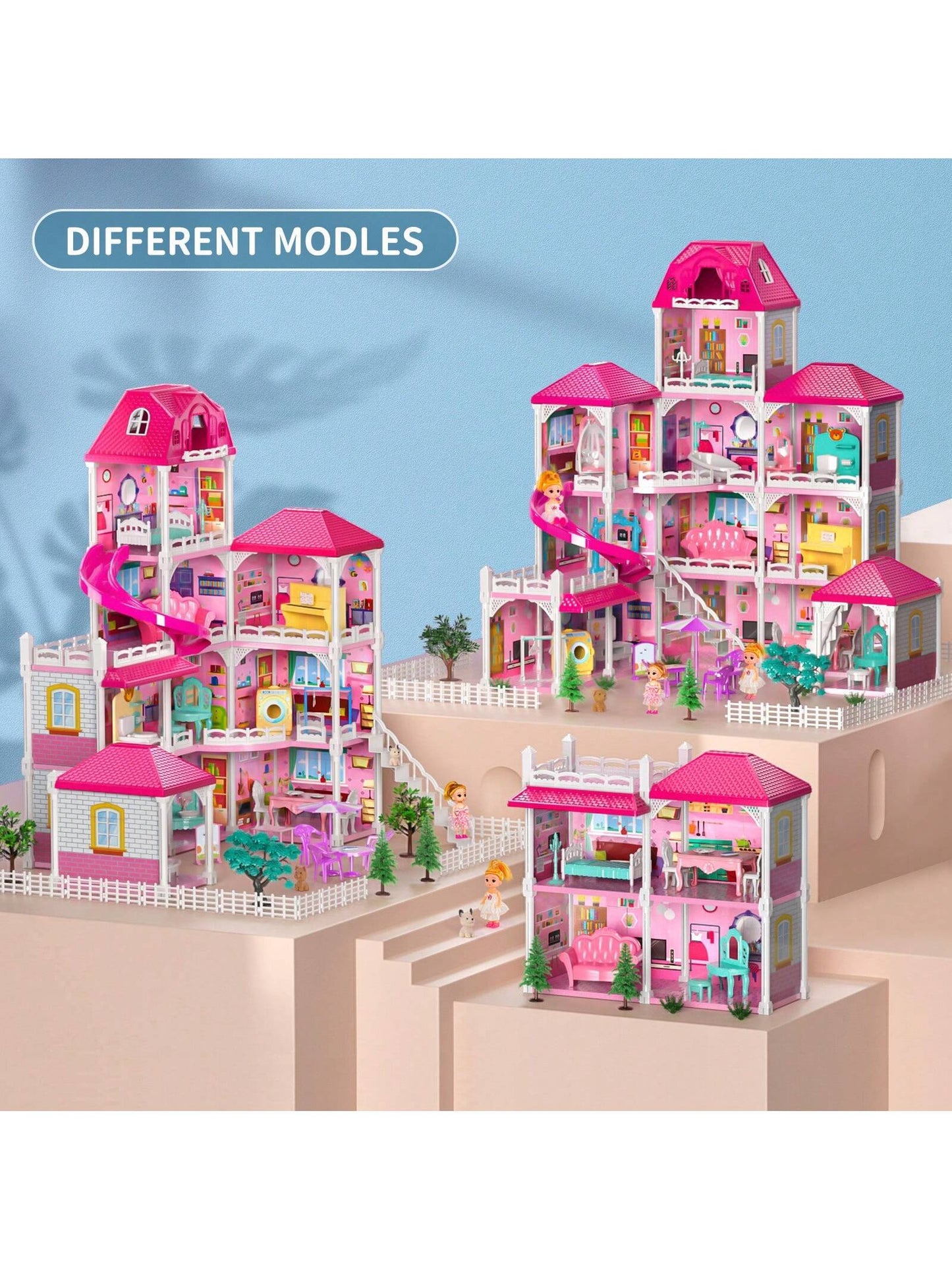 HENGPHY Pink Doll House Toys For Girls 3-8 Ages With 12 Rooms, Villa Girls Toys 2 Doll Figures, Slide, Pretend Play Accessories Sets For Girls Birthday Gifts