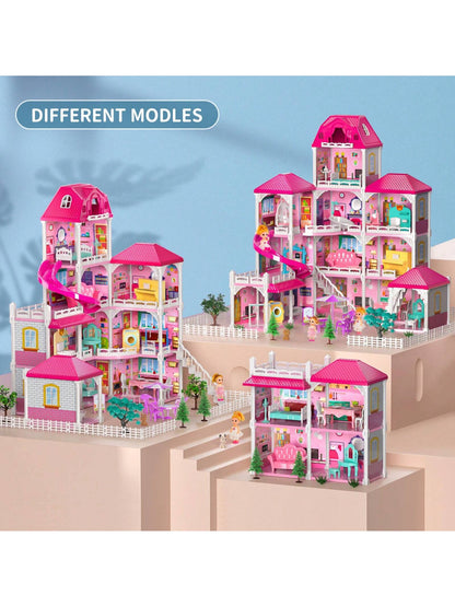 HENGPHY Pink Doll House Toys For Girls 3-8 Ages With 12 Rooms, Villa Girls Toys 2 Doll Figures, Slide, Pretend Play Accessories Sets For Girls Birthday Gifts