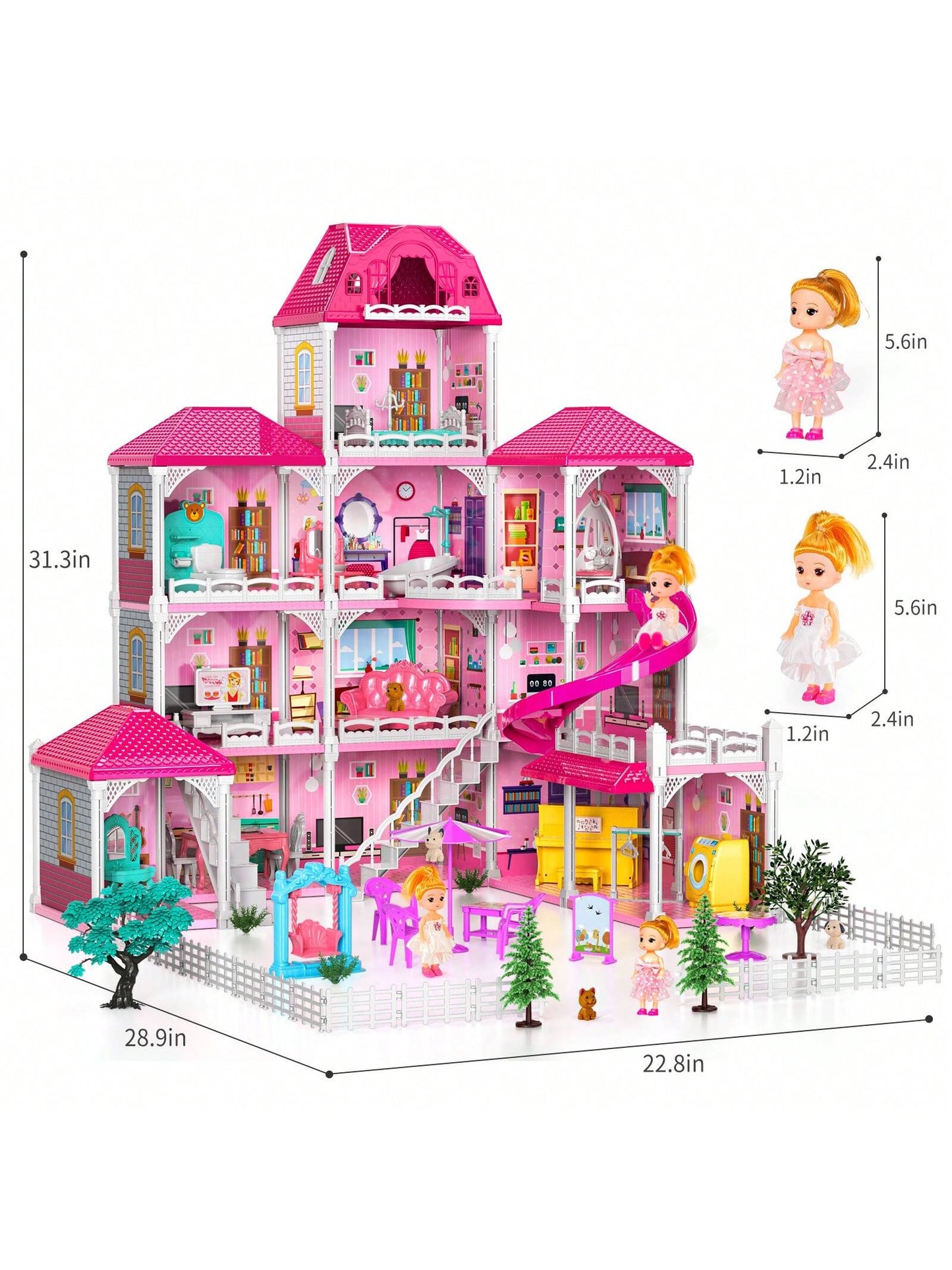 HENGPHY Pink Doll House Toys For Girls 3-8 Ages With 12 Rooms, Villa Girls Toys 2 Doll Figures, Slide, Pretend Play Accessories Sets For Girls Birthday Gifts