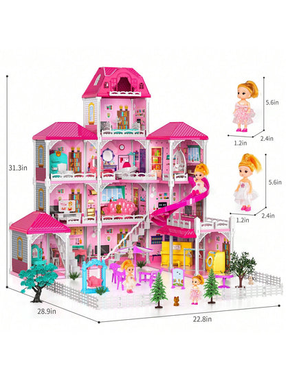 HENGPHY Pink Doll House Toys For Girls 3-8 Ages With 12 Rooms, Villa Girls Toys 2 Doll Figures, Slide, Pretend Play Accessories Sets For Girls Birthday Gifts