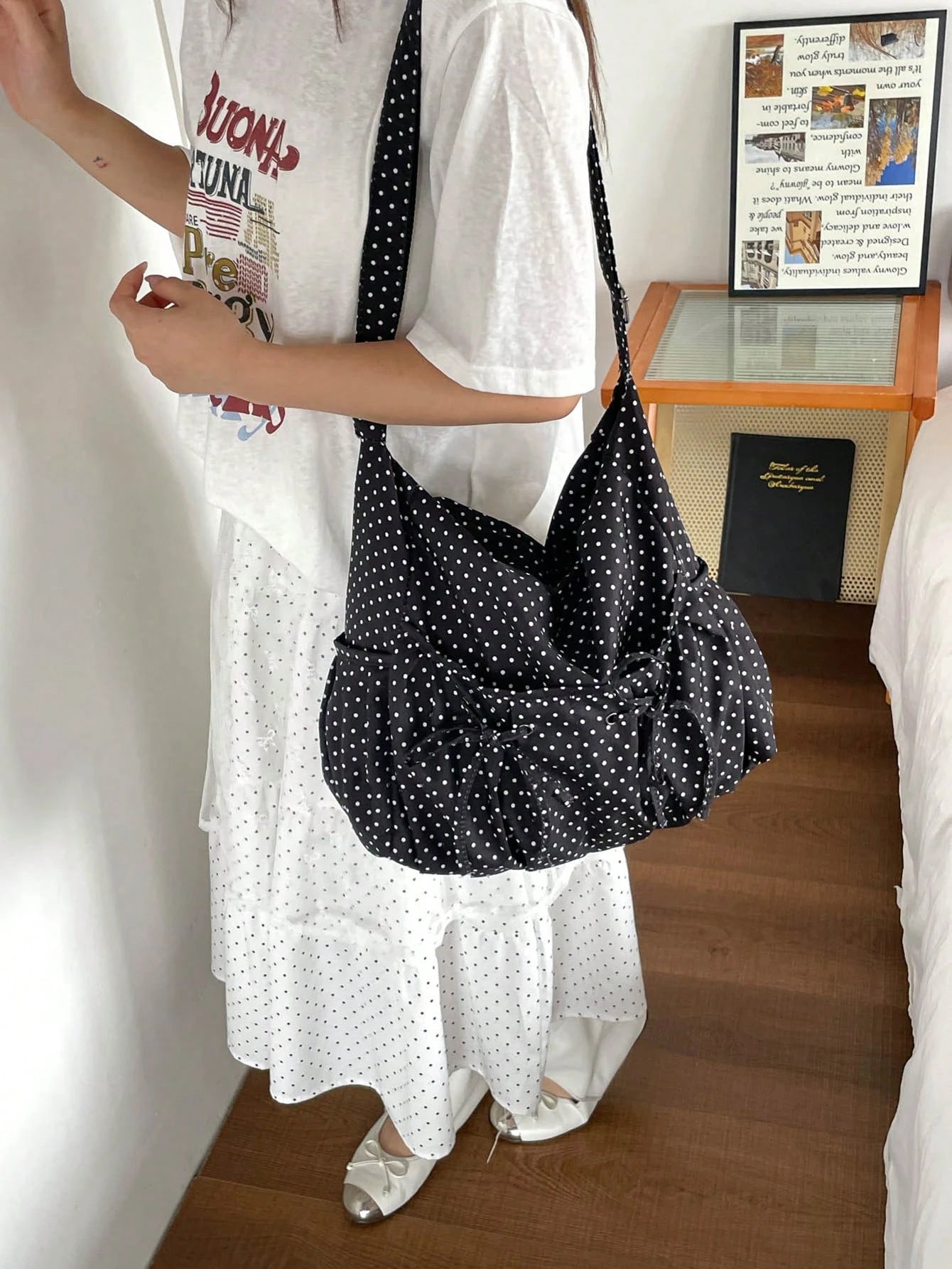 Hevel, 1pc New Polka Dot Pattern Large Capacity Crossbody Bag, Fashionable Adjustable Shoulder Strap Women's One Shoulder Bag, Multiple Pockets With Bow Decor, Suitable For Daily Use, Shopping, Dating