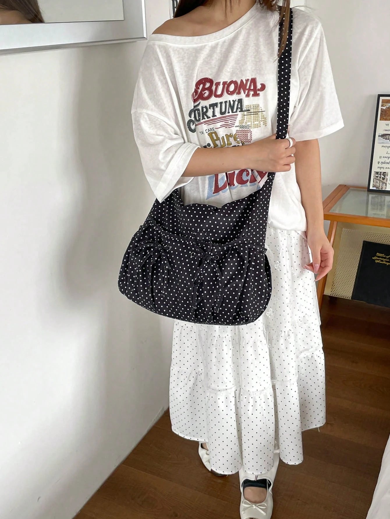 Hevel, 1pc New Polka Dot Pattern Large Capacity Crossbody Bag, Fashionable Adjustable Shoulder Strap Women's One Shoulder Bag, Multiple Pockets With Bow Decor, Suitable For Daily Use, Shopping, Dating