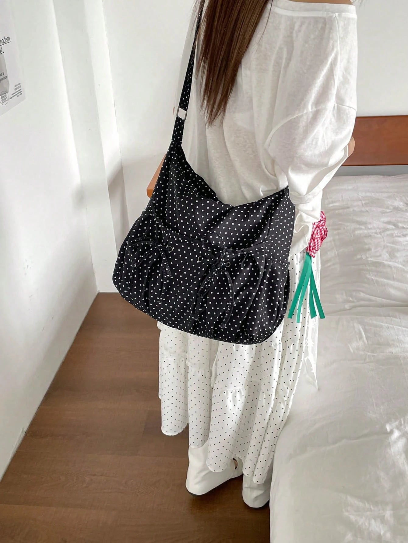 Hevel, 1pc New Polka Dot Pattern Large Capacity Crossbody Bag, Fashionable Adjustable Shoulder Strap Women's One Shoulder Bag, Multiple Pockets With Bow Decor, Suitable For Daily Use, Shopping, Dating