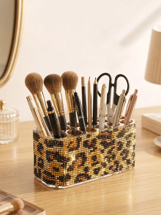 High-End Storage| Multi-Compartment Classification| Desktop More Exquisite Luxury Leopard Print Rhinestone Makeup Brush Holder