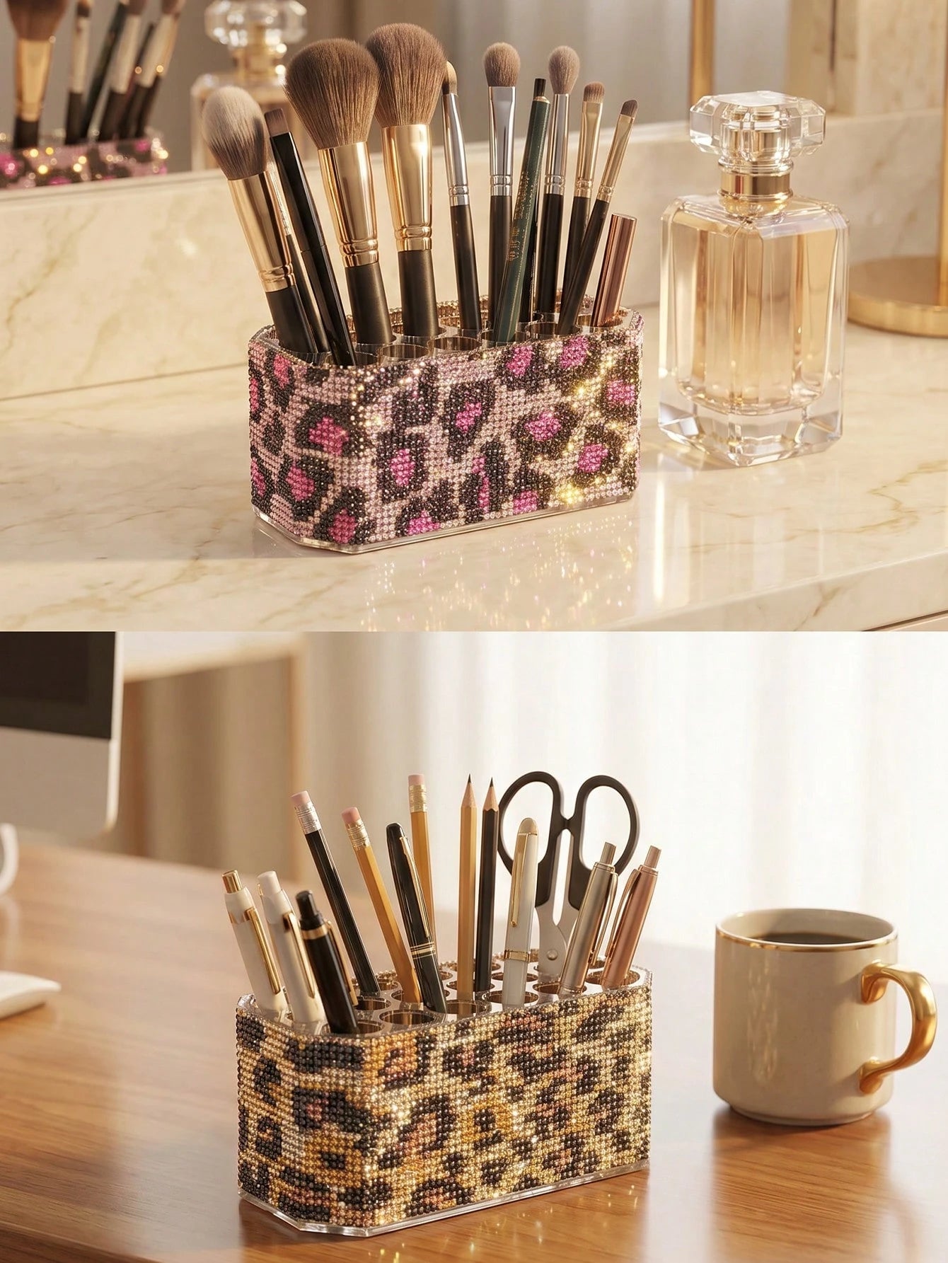High-End Storage| Multi-Compartment Classification| Desktop More Exquisite Luxury Leopard Print Rhinestone Makeup Brush Holder