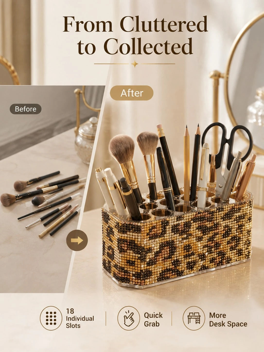 High-End Storage| Multi-Compartment Classification| Desktop More Exquisite Luxury Leopard Print Rhinestone Makeup Brush Holder