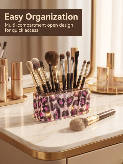 High-End Storage| Multi-Compartment Classification| Desktop More Exquisite Luxury Leopard Print Rhinestone Makeup Brush Holder