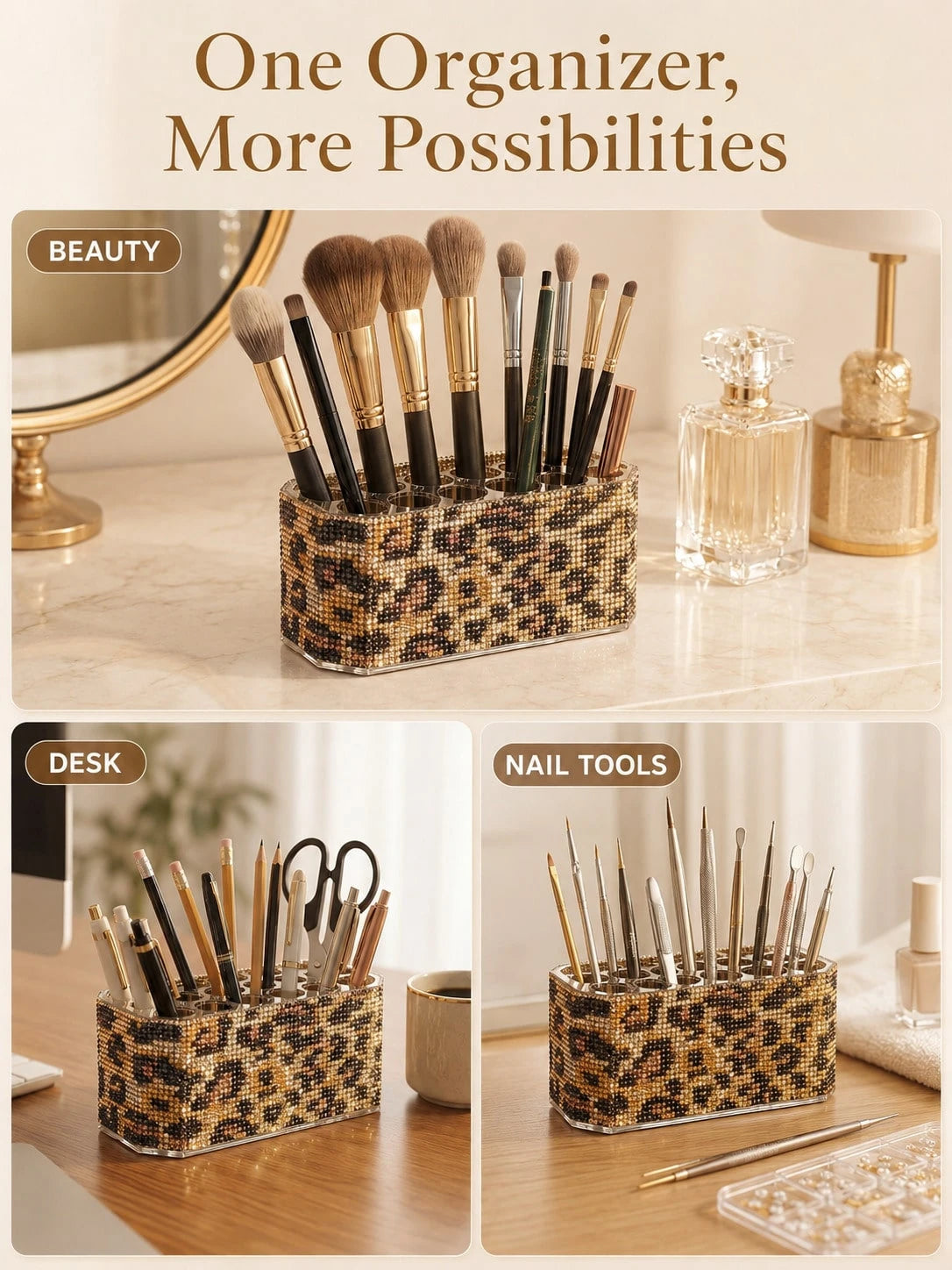 High-End Storage| Multi-Compartment Classification| Desktop More Exquisite Luxury Leopard Print Rhinestone Makeup Brush Holder