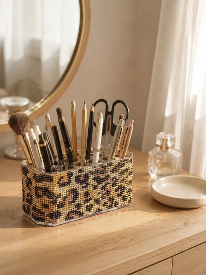 High-End Storage| Multi-Compartment Classification| Desktop More Exquisite Luxury Leopard Print Rhinestone Makeup Brush Holder