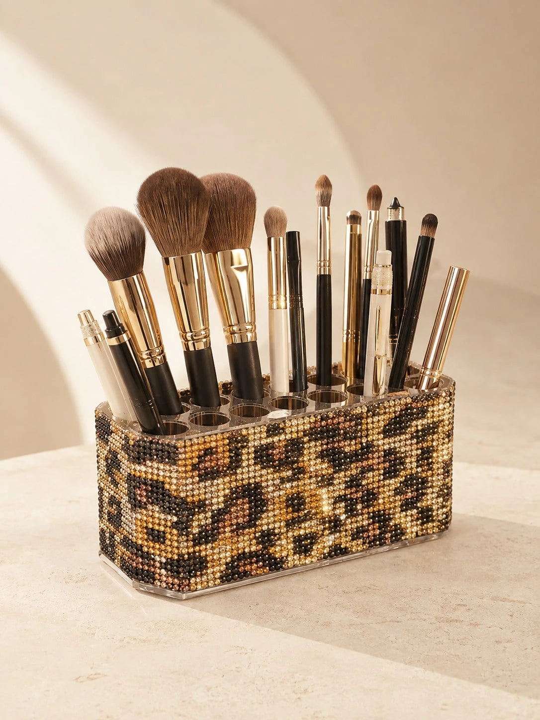 High-End Storage| Multi-Compartment Classification| Desktop More Exquisite Luxury Leopard Print Rhinestone Makeup Brush Holder