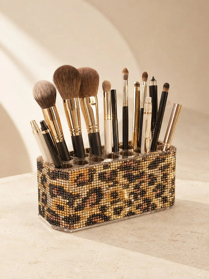 High-End Storage| Multi-Compartment Classification| Desktop More Exquisite Luxury Leopard Print Rhinestone Makeup Brush Holder