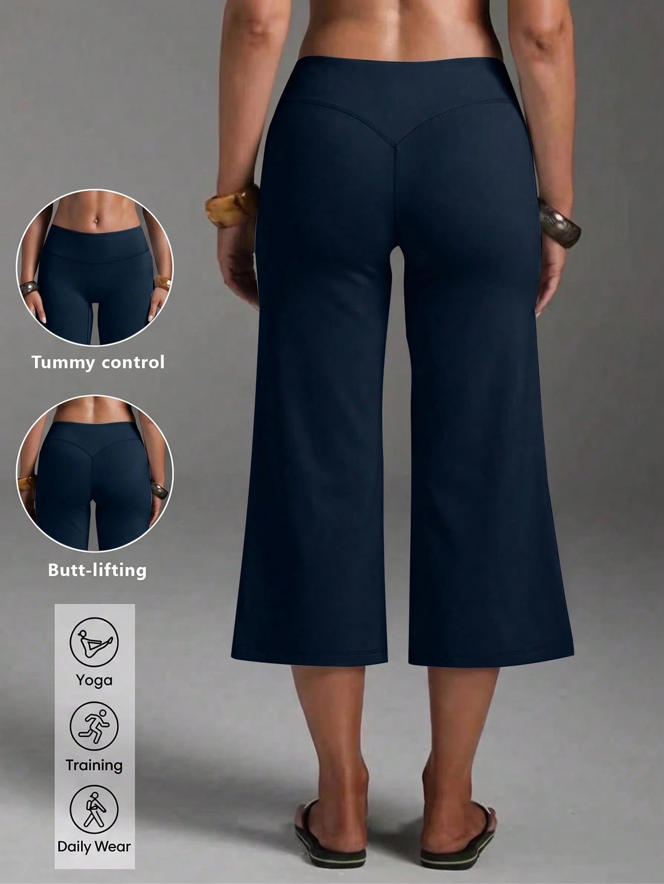 High-Waist Wide-Leg Capri Pants, Casual Pure Black Loose Capri Pants, Comfortable Slimming Versatile Summer
