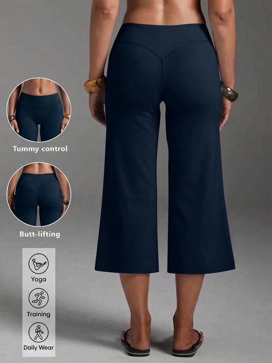 High-Waist Wide-Leg Capri Pants, Casual Pure Black Loose Capri Pants, Comfortable Slimming Versatile Summer
