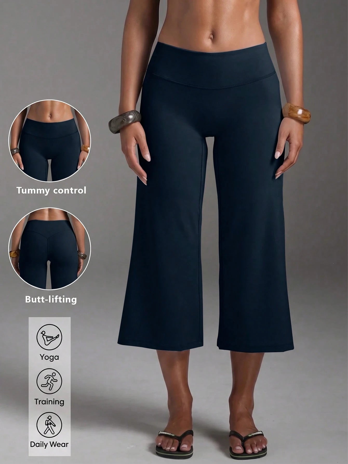 High-Waist Wide-Leg Capri Pants, Casual Pure Black Loose Capri Pants, Comfortable Slimming Versatile Summer
