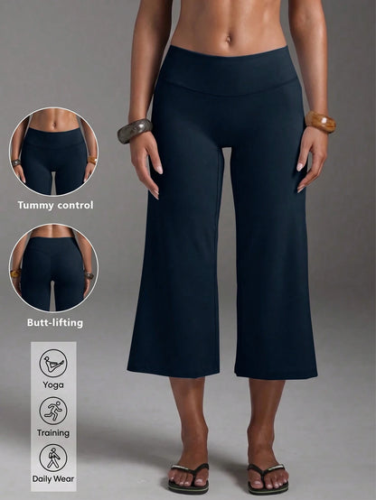 High-Waist Wide-Leg Capri Pants, Casual Pure Black Loose Capri Pants, Comfortable Slimming Versatile Summer
