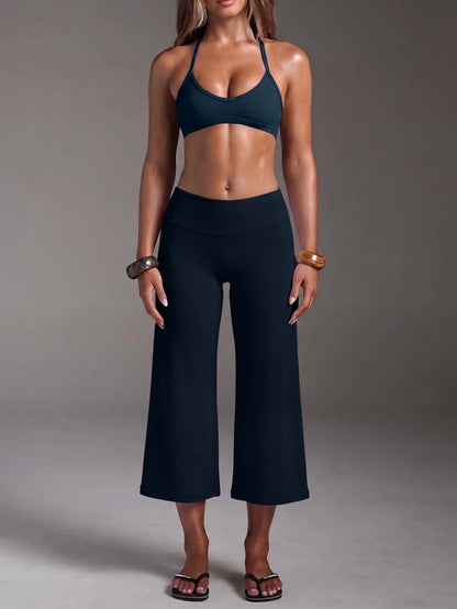 High-Waist Wide-Leg Capri Pants, Casual Pure Black Loose Capri Pants, Comfortable Slimming Versatile Summer