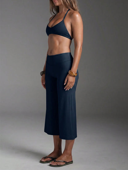 High-Waist Wide-Leg Capri Pants, Casual Pure Black Loose Capri Pants, Comfortable Slimming Versatile Summer