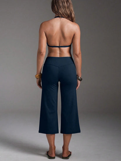 High-Waist Wide-Leg Capri Pants, Casual Pure Black Loose Capri Pants, Comfortable Slimming Versatile Summer