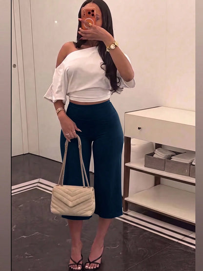 High-Waist Wide-Leg Capri Pants, Casual Pure Black Loose Capri Pants, Comfortable Slimming Versatile Summer