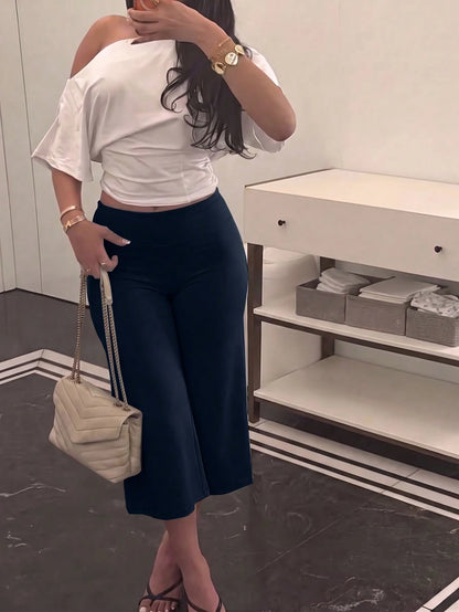 High-Waist Wide-Leg Capri Pants, Casual Pure Black Loose Capri Pants, Comfortable Slimming Versatile Summer