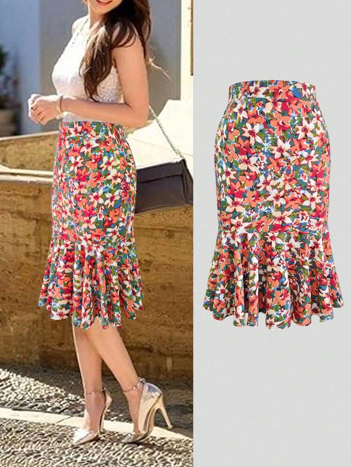 High-Waisted Ditsy Floral Fishtail Mini Skirt, Made Of Polyester Fabric With Stretch Waist, Suitable For Spring/Summer Vacation Wear