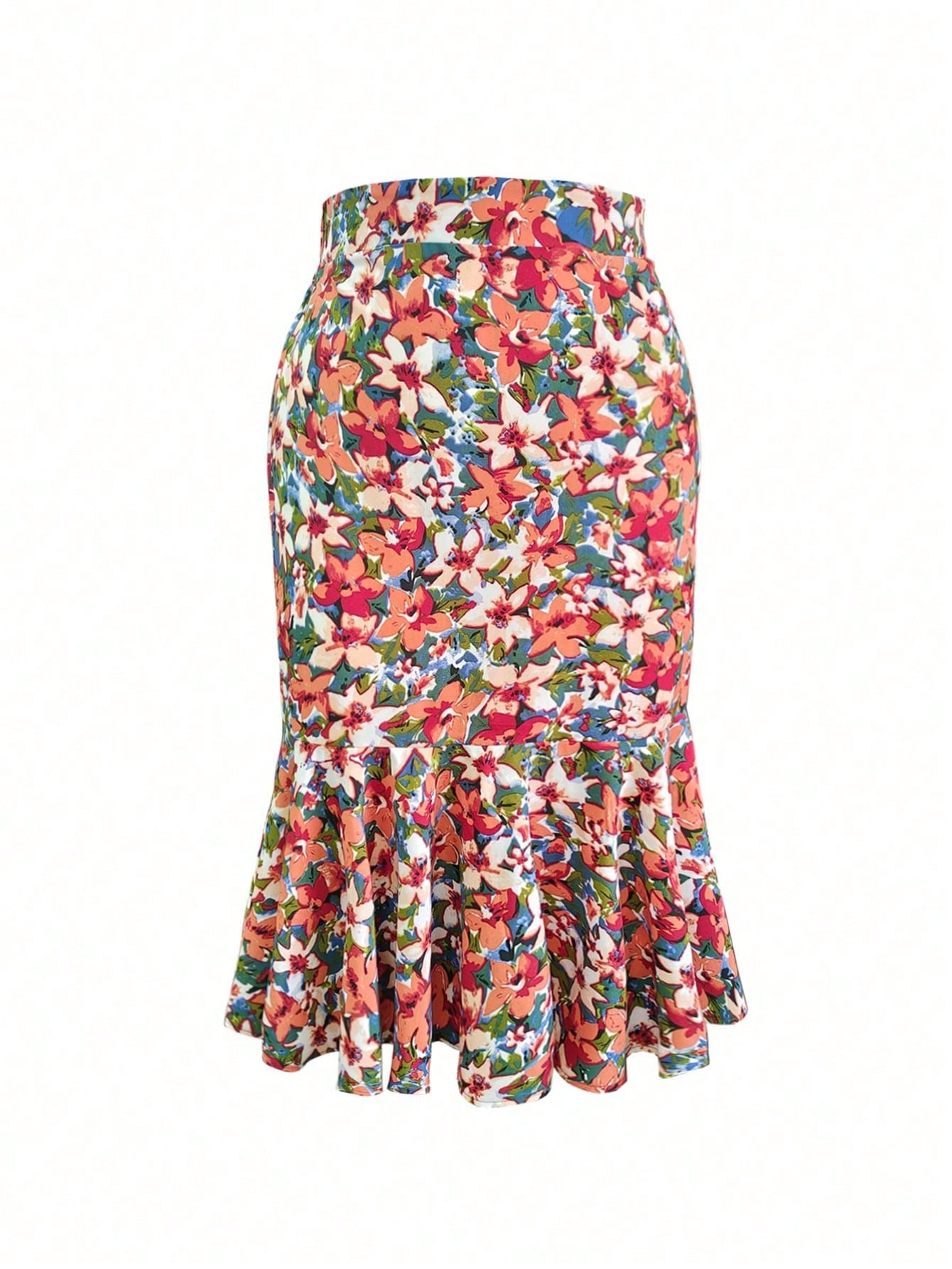 High-Waisted Ditsy Floral Fishtail Mini Skirt, Made Of Polyester Fabric With Stretch Waist, Suitable For Spring/Summer Vacation Wear