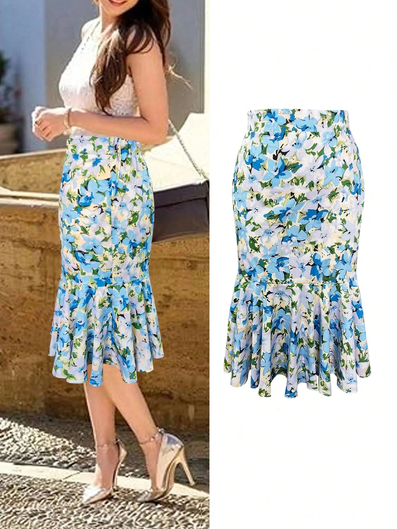 High-Waisted Ditsy Floral Fishtail Mini Skirt, Made Of Polyester Fabric With Stretch Waist, Suitable For Spring/Summer Vacation Wear