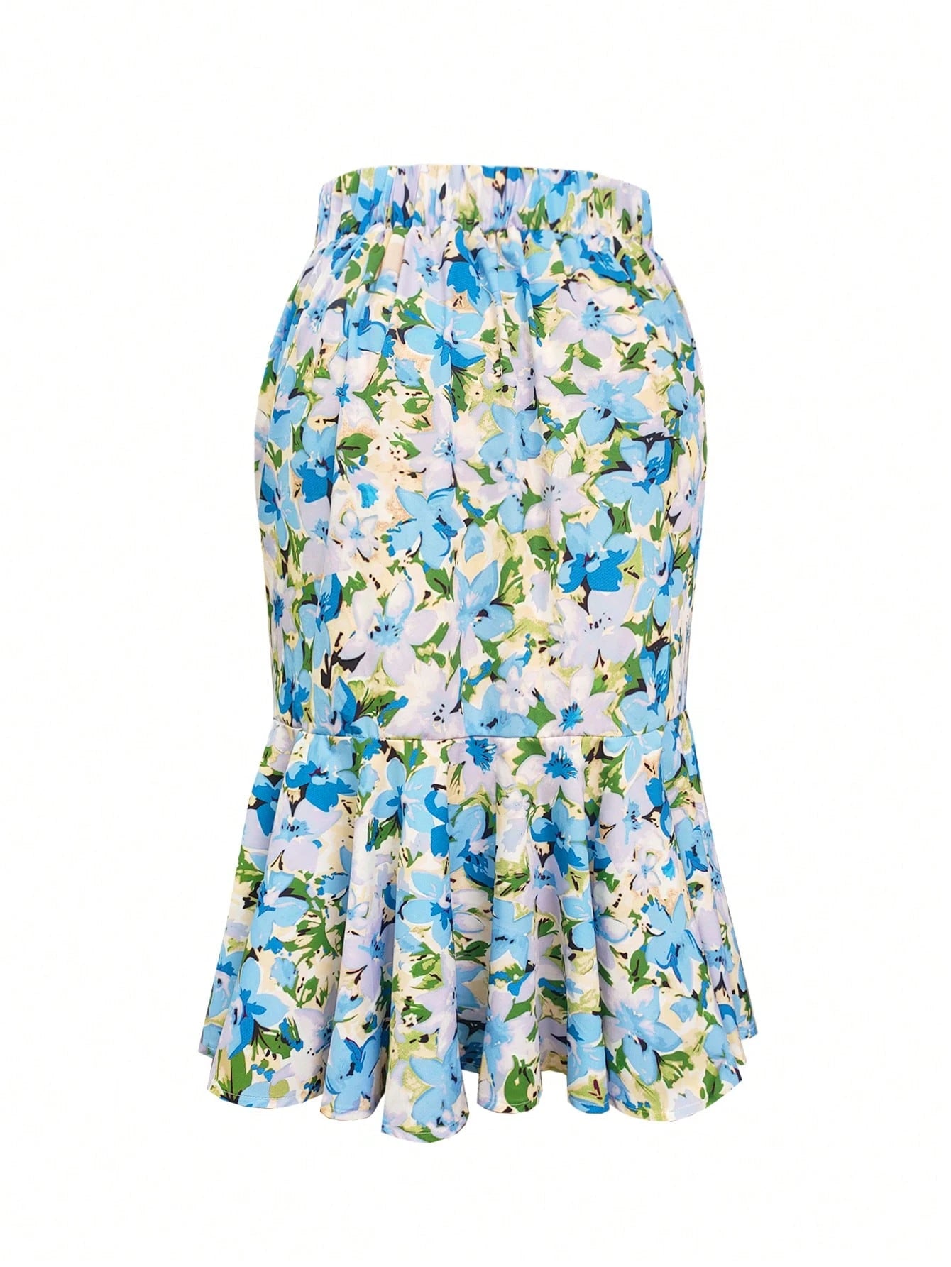 High-Waisted Ditsy Floral Fishtail Mini Skirt, Made Of Polyester Fabric With Stretch Waist, Suitable For Spring/Summer Vacation Wear