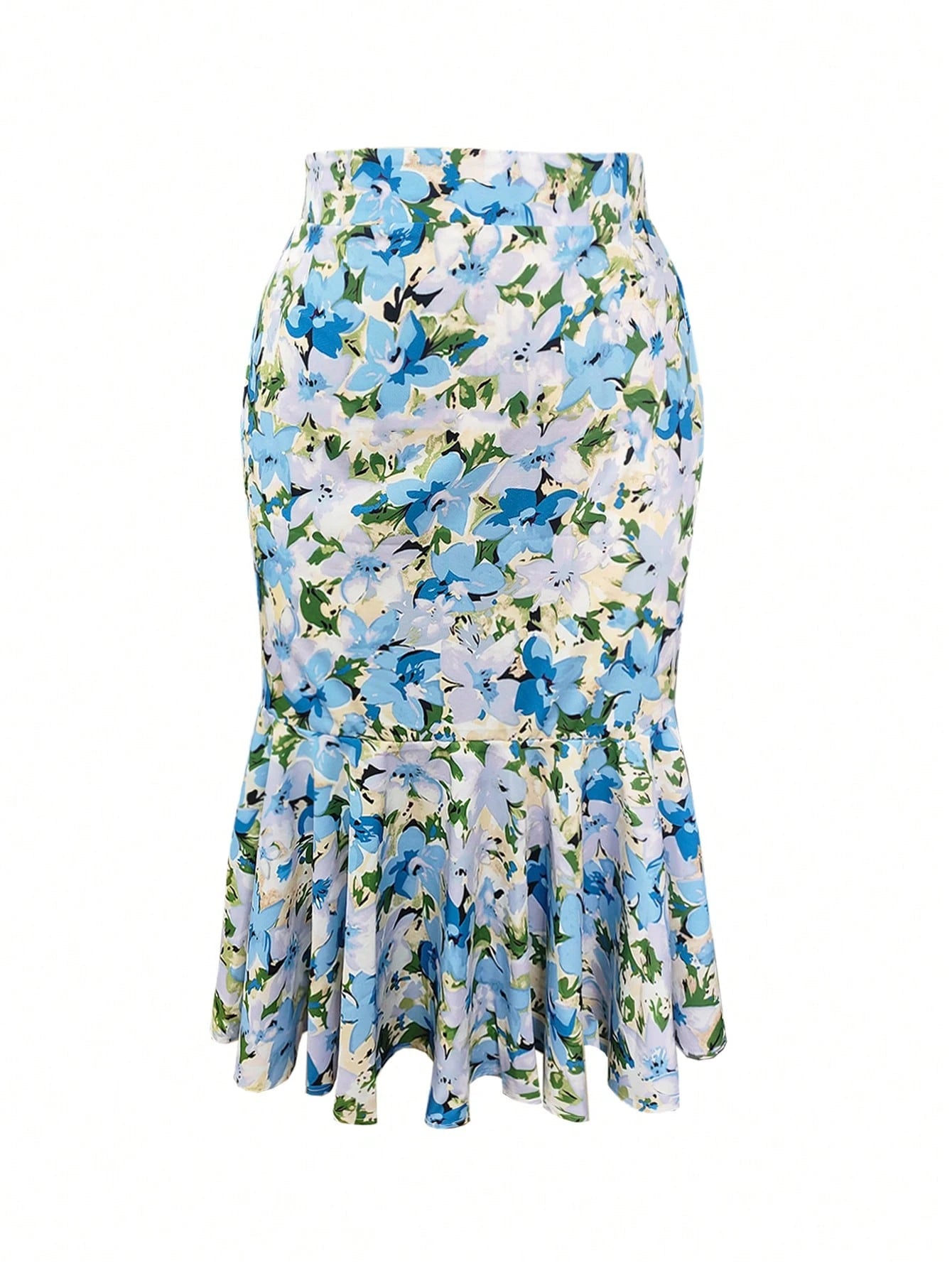 High-Waisted Ditsy Floral Fishtail Mini Skirt, Made Of Polyester Fabric With Stretch Waist, Suitable For Spring/Summer Vacation Wear
