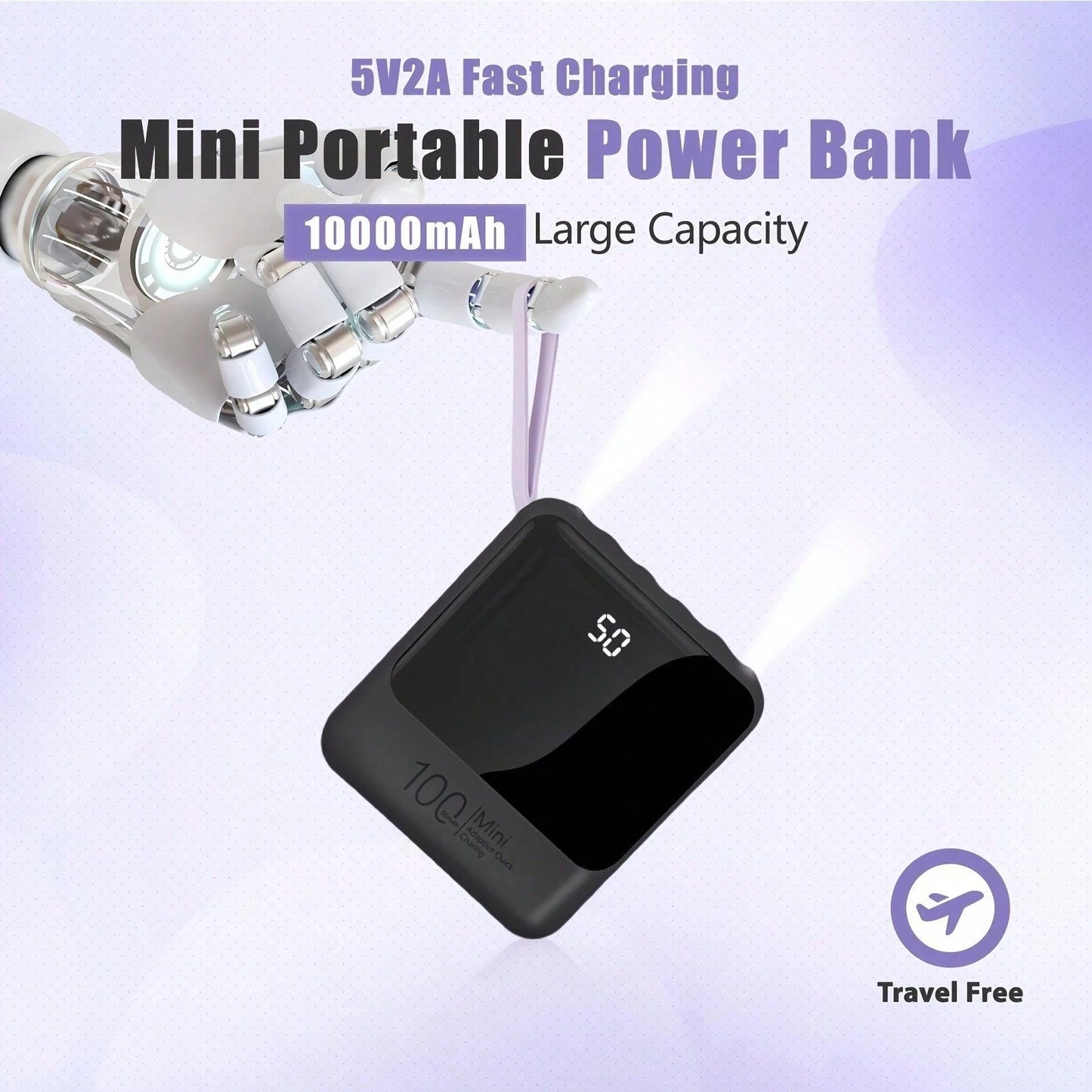 hoco. Detachable Cable Design 10000mAh Portable Power Bank With Removable Charging Cables, Fast Charging Battery Pack And Digital Power Display, Pocket Size Phone Charger For Commuting, Office Use, Ro