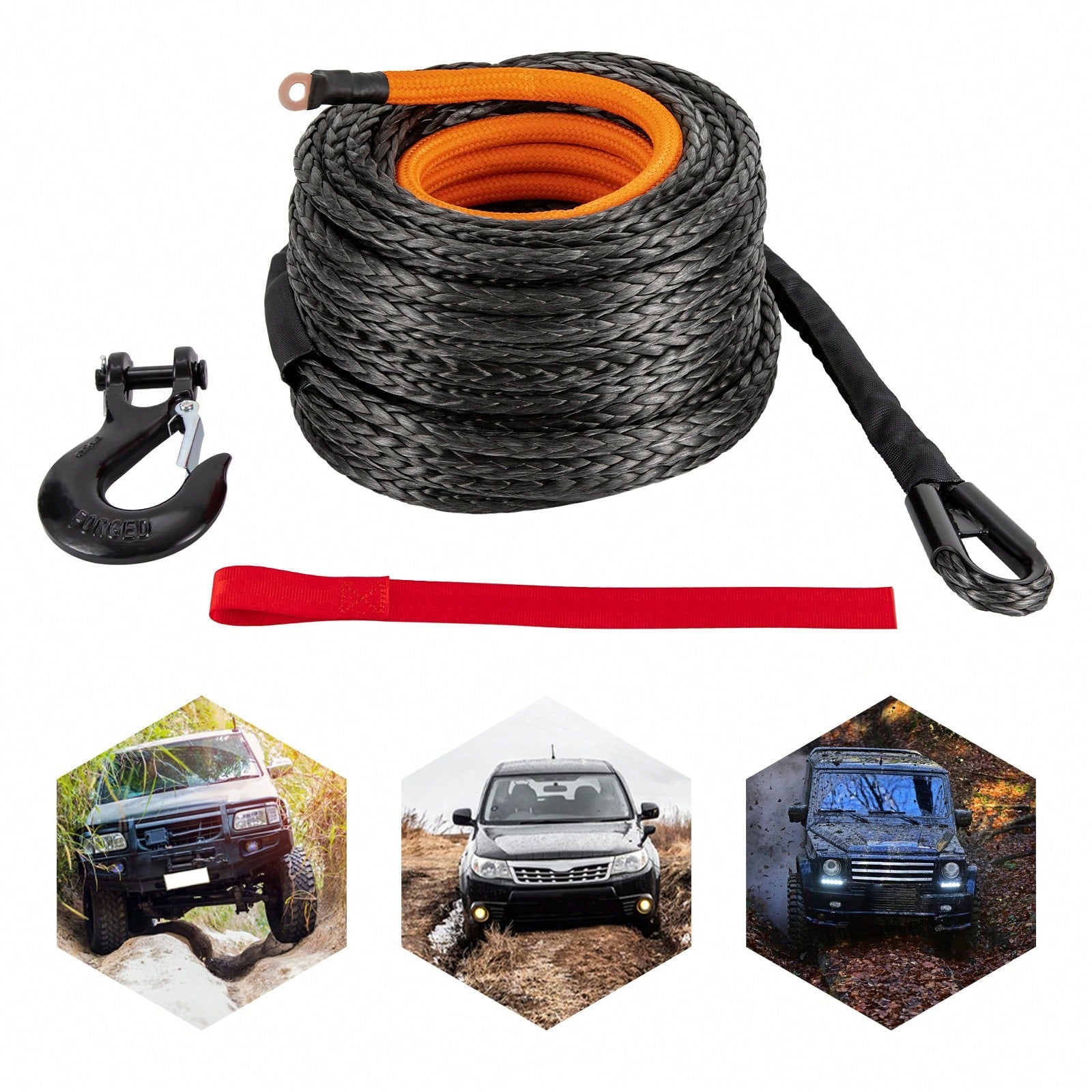 HOHOBLA (Black 1/2" X 92ft) Synthetic Winch Rope Kit, 31500lbs Winch Cable Replace Kit, W/Forged Winch Hook & Safety Pull Strap, Car Tow Recovery Cable For 4wd Off-Road Vehicle Truck SUV ATV Utv