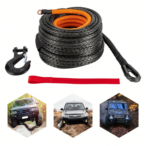 HOHOBLA (Black 1/2" X 92ft) Synthetic Winch Rope Kit, 31500lbs Winch Cable Replace Kit, W/Forged Winch Hook & Safety Pull Strap, Car Tow Recovery Cable For 4wd Off-Road Vehicle Truck SUV ATV Utv