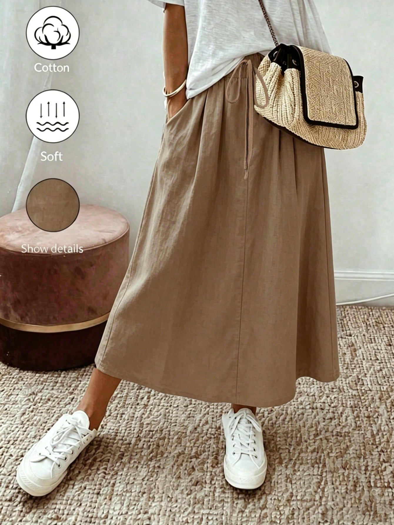 Holidaya New Women's Casual Linen-Cotton Shorts-Suitable For Daily Wear And Vacation-Featuring A Loose Fit, Pockets, And An Elegant Khaki Color.