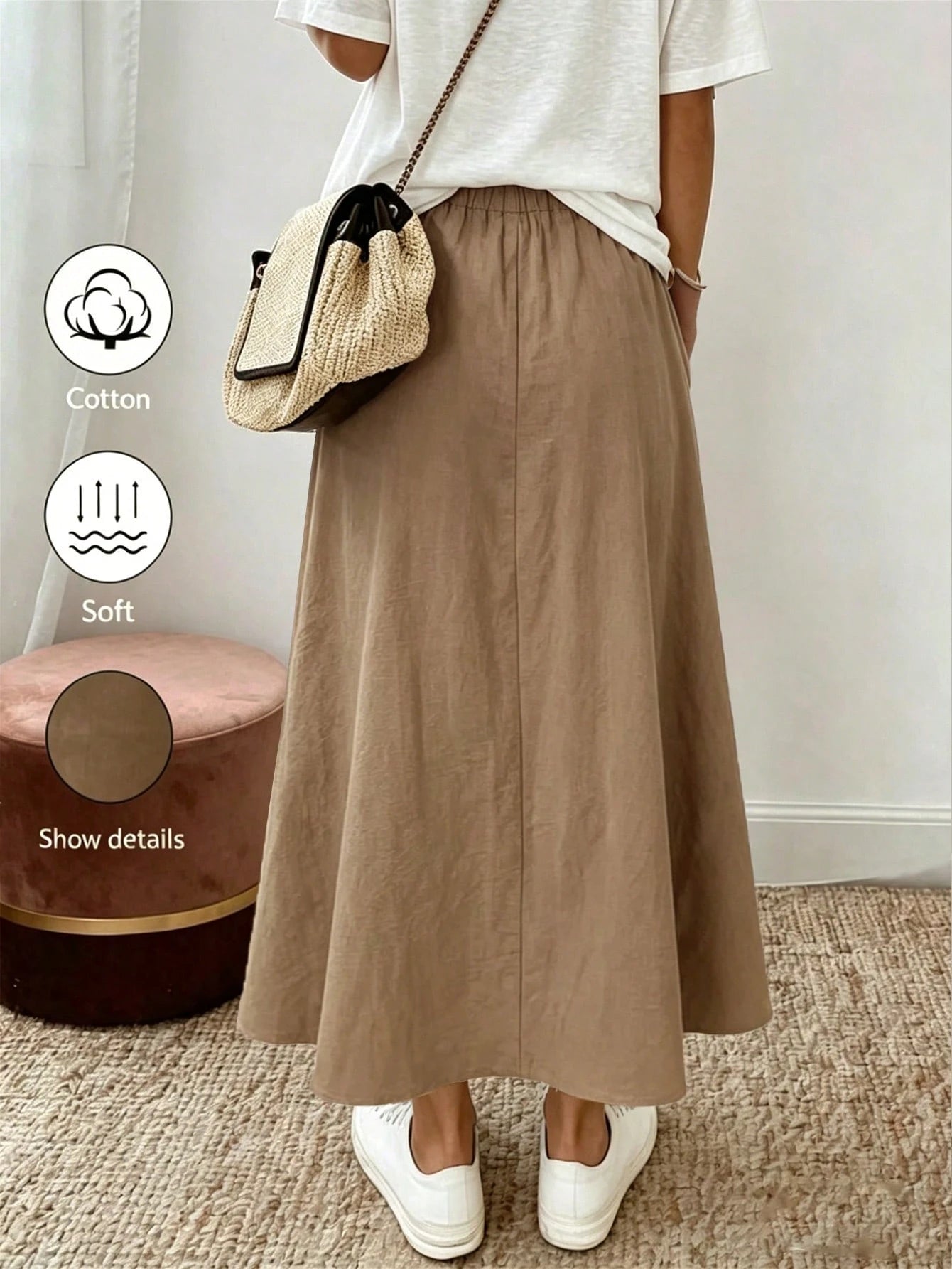 Holidaya New Women's Casual Linen-Cotton Shorts-Suitable For Daily Wear And Vacation-Featuring A Loose Fit, Pockets, And An Elegant Khaki Color.