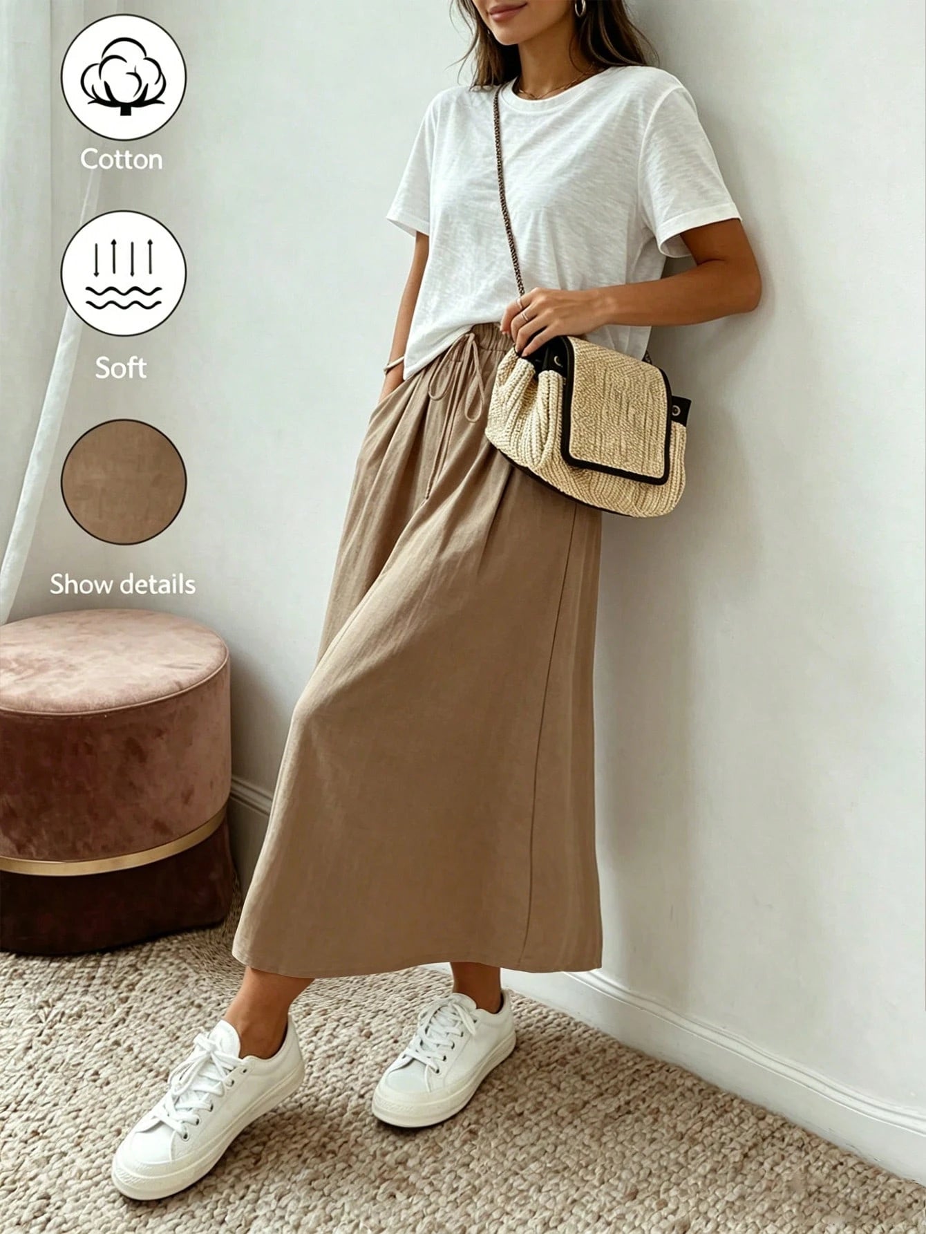 Holidaya New Women's Casual Linen-Cotton Shorts-Suitable For Daily Wear And Vacation-Featuring A Loose Fit, Pockets, And An Elegant Khaki Color.