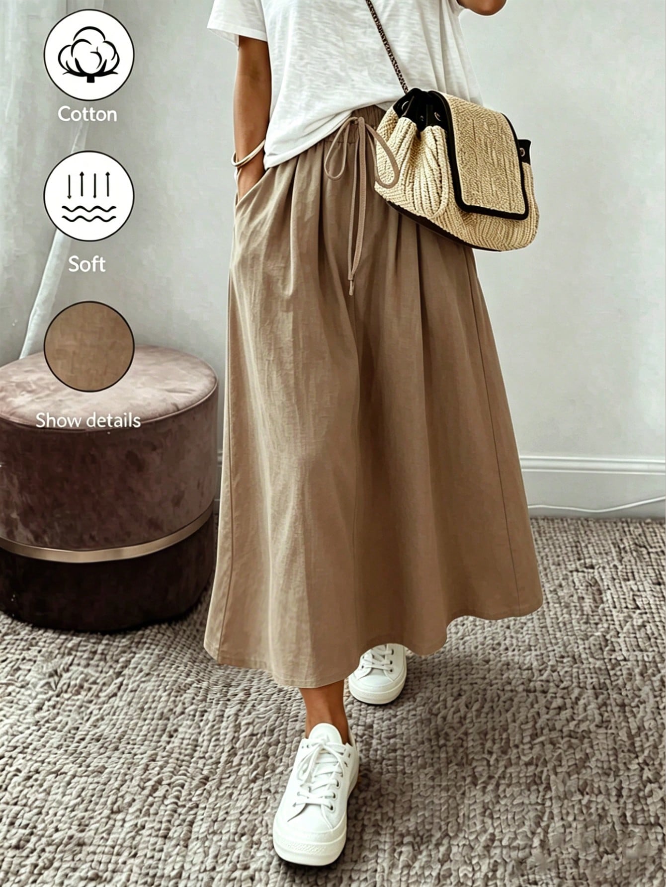 Holidaya New Women's Casual Linen-Cotton Shorts-Suitable For Daily Wear And Vacation-Featuring A Loose Fit, Pockets, And An Elegant Khaki Color.