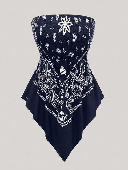 Holidaya Plus Size Women's Retro Navy Blue Cashew Flower Bandeau Camisole Top,Summer Boho Beach Holiday Off-Shoulder Cinched Waist Cropped Bandana Blouse
