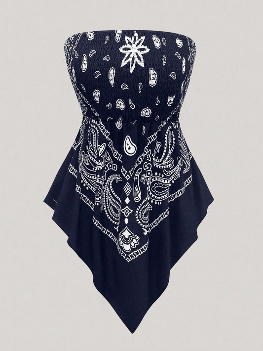 Holidaya Plus Size Women's Retro Navy Blue Cashew Flower Bandeau Camisole Top,Summer Boho Beach Holiday Off-Shoulder Cinched Waist Cropped Bandana Blouse